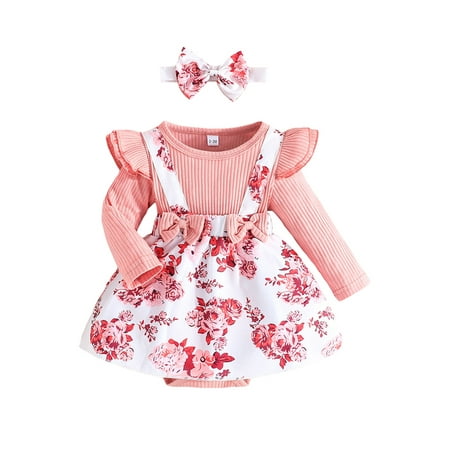 

REDWOON Girl Romper Dress Floral Patchwork Long Sleeve Jumpsuit Headband
