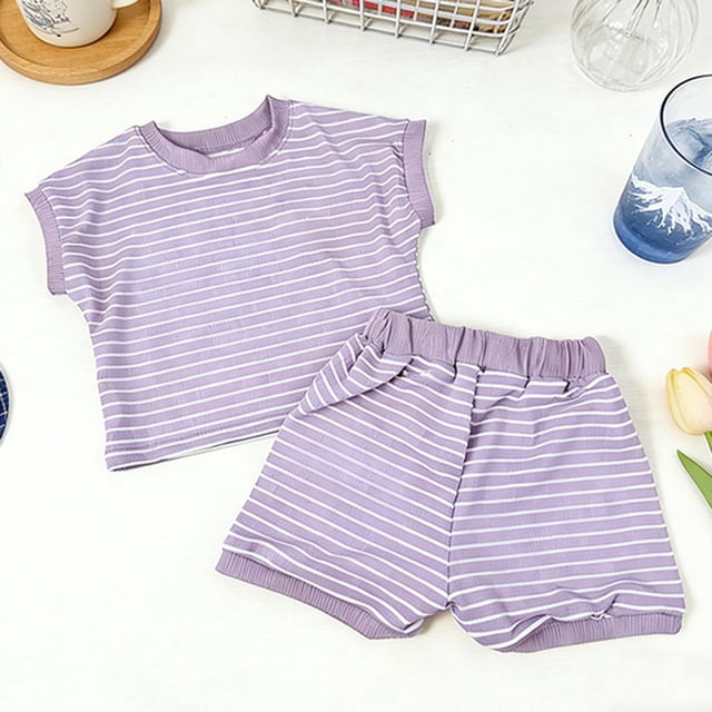 Zpanxa Ensemble 2 Pcs pour Filles, Haut à Manches Courtes Rayé à Col Ras du Cou avec Short, Tenue de Détente Décontractée, 2-3 Ans