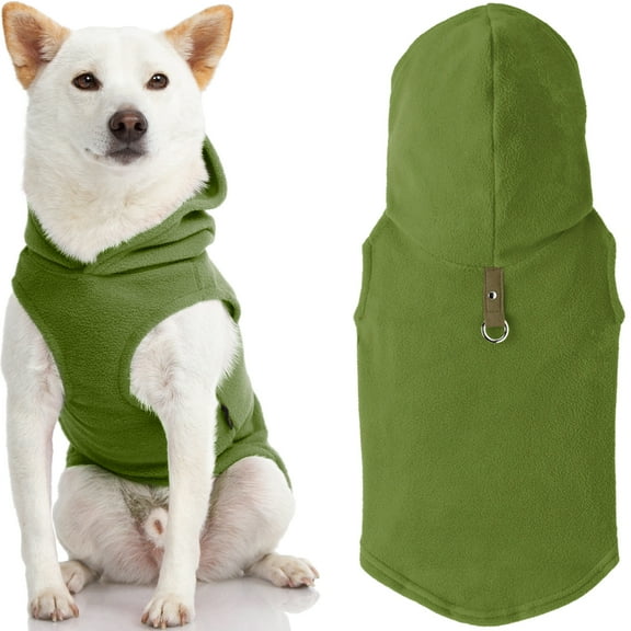 Gooby Fleece Vest Hoodie Dog Sweater - Green, Medium - Warm Pullover Dog Hoodie with O-Ring Leash