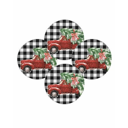 Christmas Round Placemats Set of 4 Red Truck Xmas Tree Place Mats Washable Woven Placemat Snowy Black Buffalo Plaid Circle Braided Table Mat for Kitchen Dining Table Party Home Decor 15 Inch