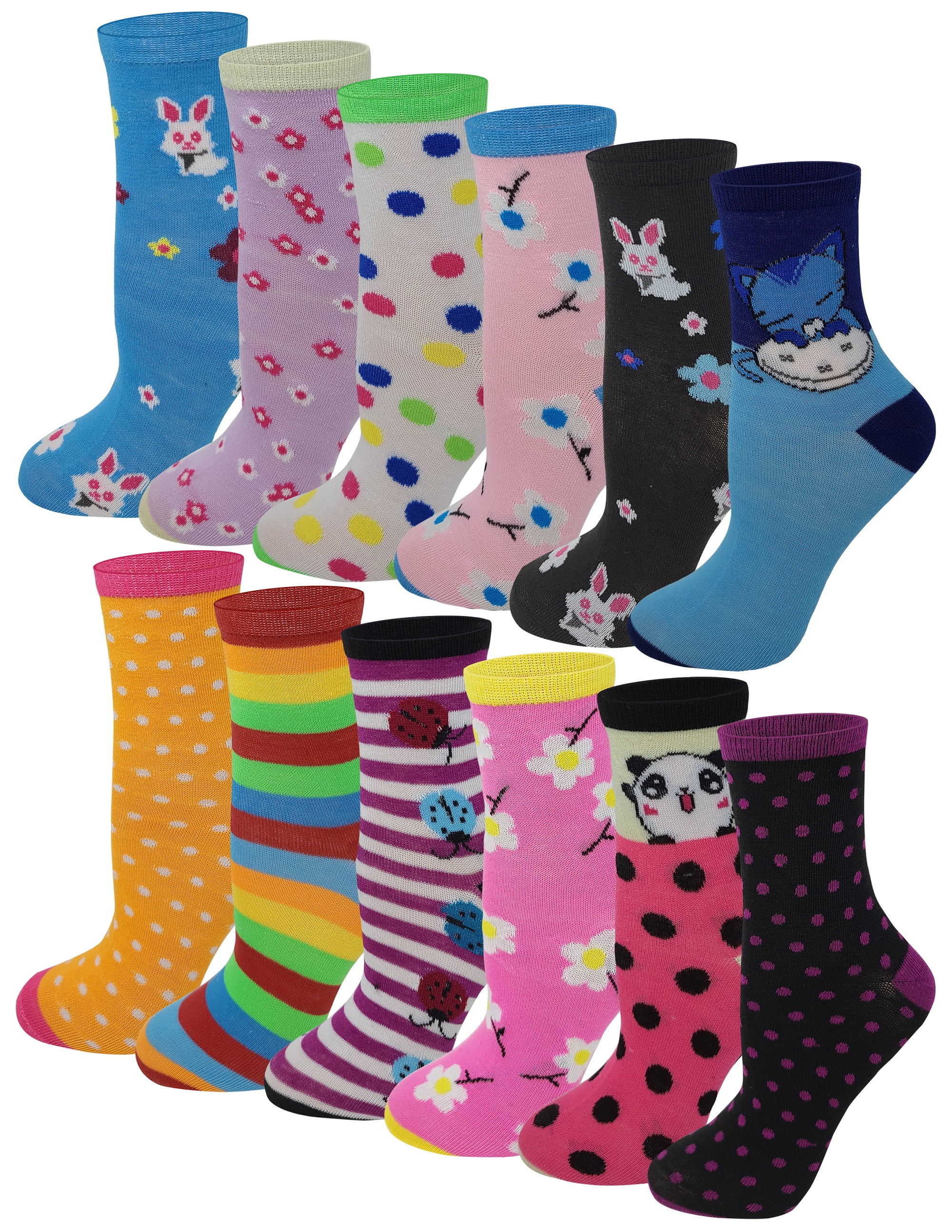 12 Pairs Pack Kids Girls Colorful Creative Fun Novelty Design Crew Socks 