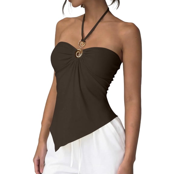 YUGYXL Halter Neck Tank Tops for Women Sleeveless Solid Color Bandeau Top Asymmetrical Hem Summer Fashion Outfits XXL