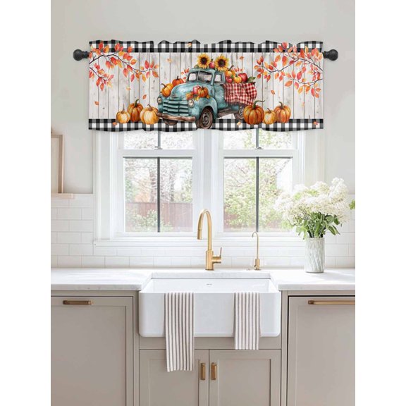 Kitchen Valances for Window, Farm Truck Pumpkin Sunflower Light Filtering Rod Pocket Valance Curtain, Fall Leaves on Wood Grain Short Curtains Window Topper for Bedroom Bathroom Living Room 54x18in