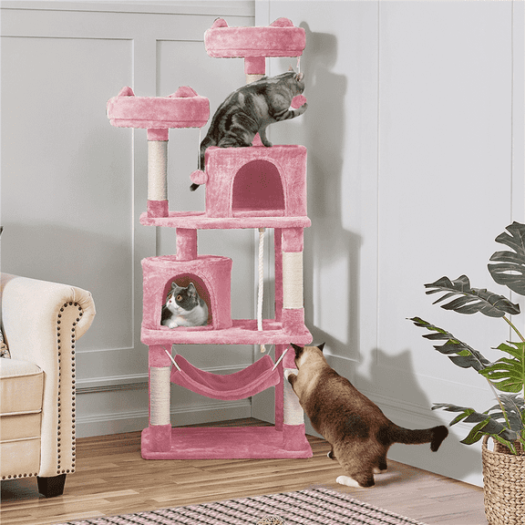 Yaheetech 62"H Multi Level Cat Tree Tower with 2 Condos & Scratching Post,Pink