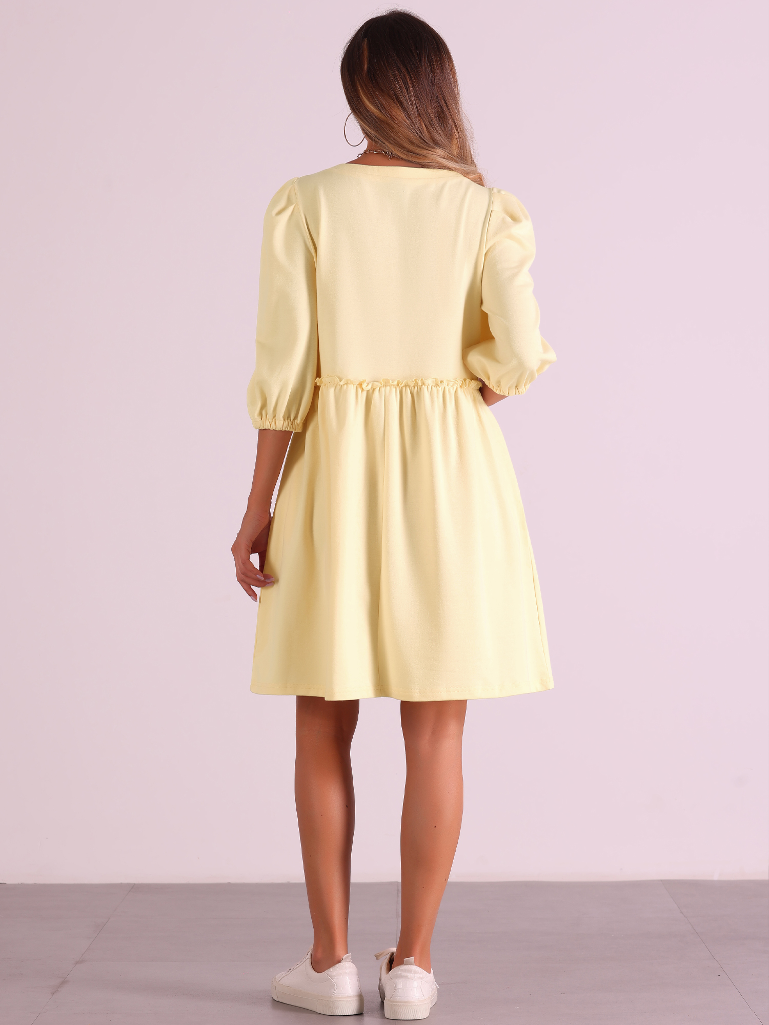 DARING DIVA Casual Scoop Neck Pocket Babydoll Dress L Pale Yellow