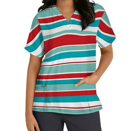 

Akklian Summer Savings Clearance Scrubs for Women Plus Size Top V-Neck Short Sleeve Scrubs Top Working Uniform Stripe Print With Three Pockets Blouse