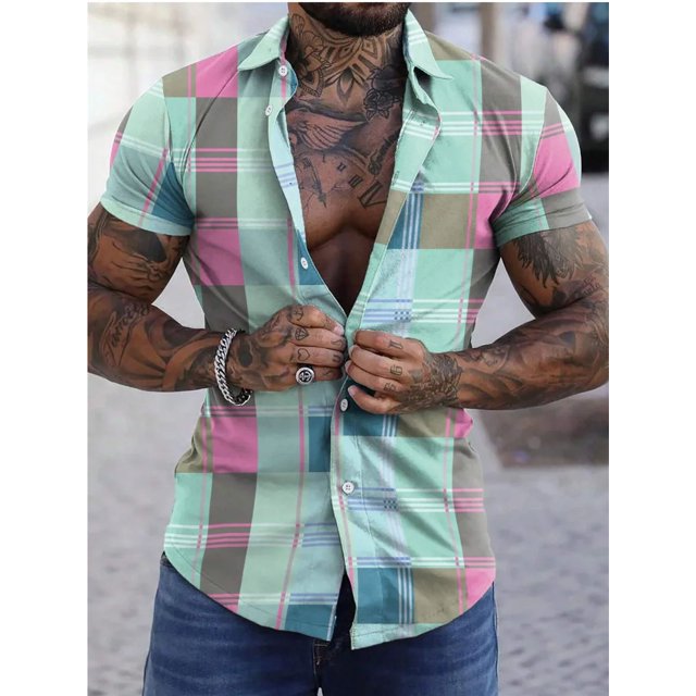 Chemise Décontractée à Manches Courtes à Carreaux Colorés pour Hommes Été