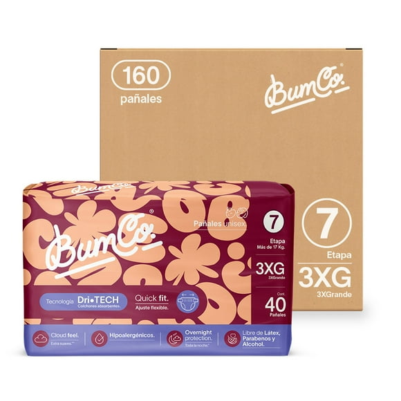 Bum Co.| Pañal desechable para bebé, Etapa 7, 3XG (más de 17 kg), Unisex, Caja con 160 pz | Overnight Protection, Cloud Feel, Hipoalergénicos, Dri-Tech