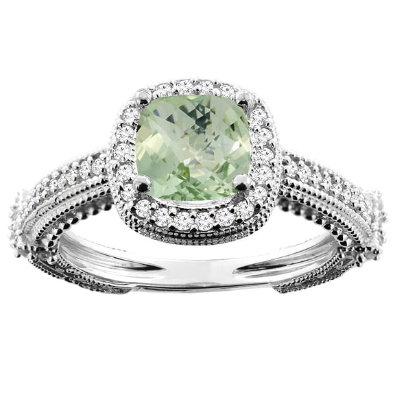 14K White Gold Natural Green Amethyst Ring Cushion 7x7mm Diamond Accent, size 9.5