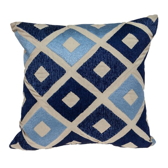 Nassau Collection Embroidered Abstract Diamond Square Throw Pillow - 18" - Beige and Blue