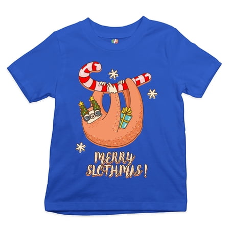 Tee Hunt Merry Slothmas Youth T-Shirt Christmas Sloth Candy Cane Let It Snow Kids Blue Small