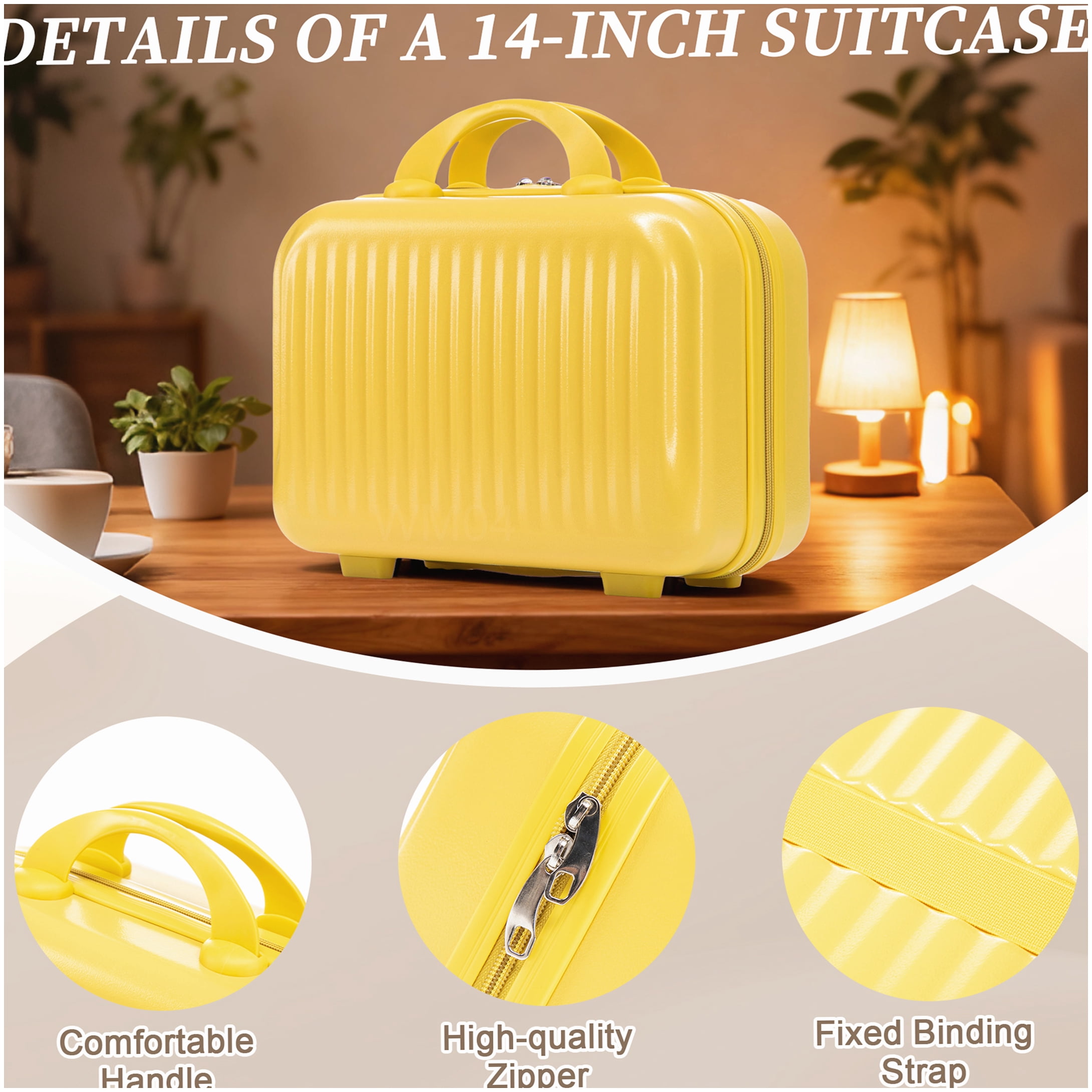 MANGIJOY 20 Inch Carry On Suitcase with Front Pocket &; 14 Inch Makeup Case - Yellow Hardcase Spinner Luggage Set, ABS Material