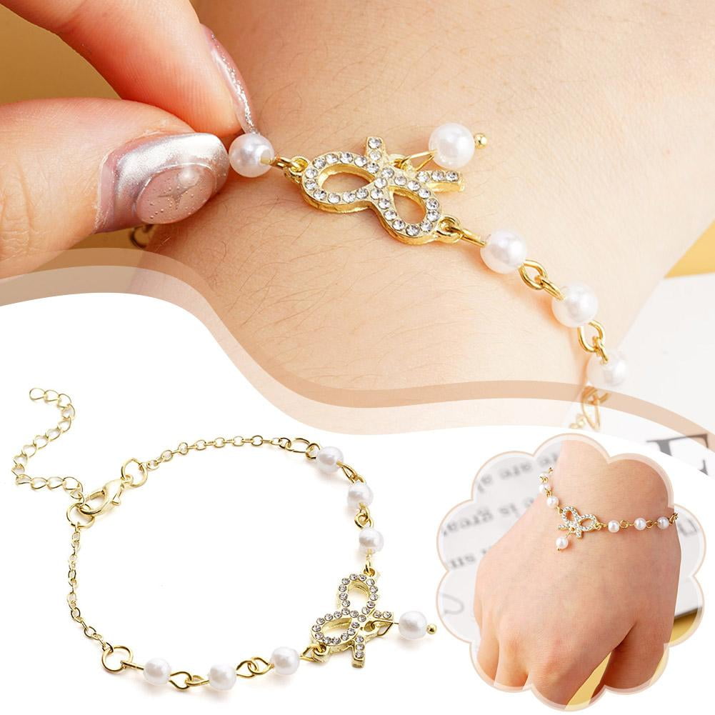 Gold Sweet Crystal Bow Charm Pearl Beaded Bracelet For Girls Jewelry Gift