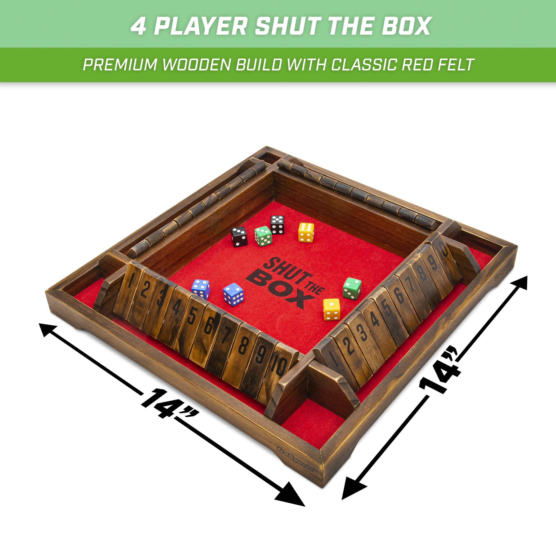 GoSports Shut the Box Premium Wooden Dice Game - Classic 4 Player Board Family Game, 10 Number Rows with Red Felt, Dice and Wood Stain Finish - For Kids and Adults