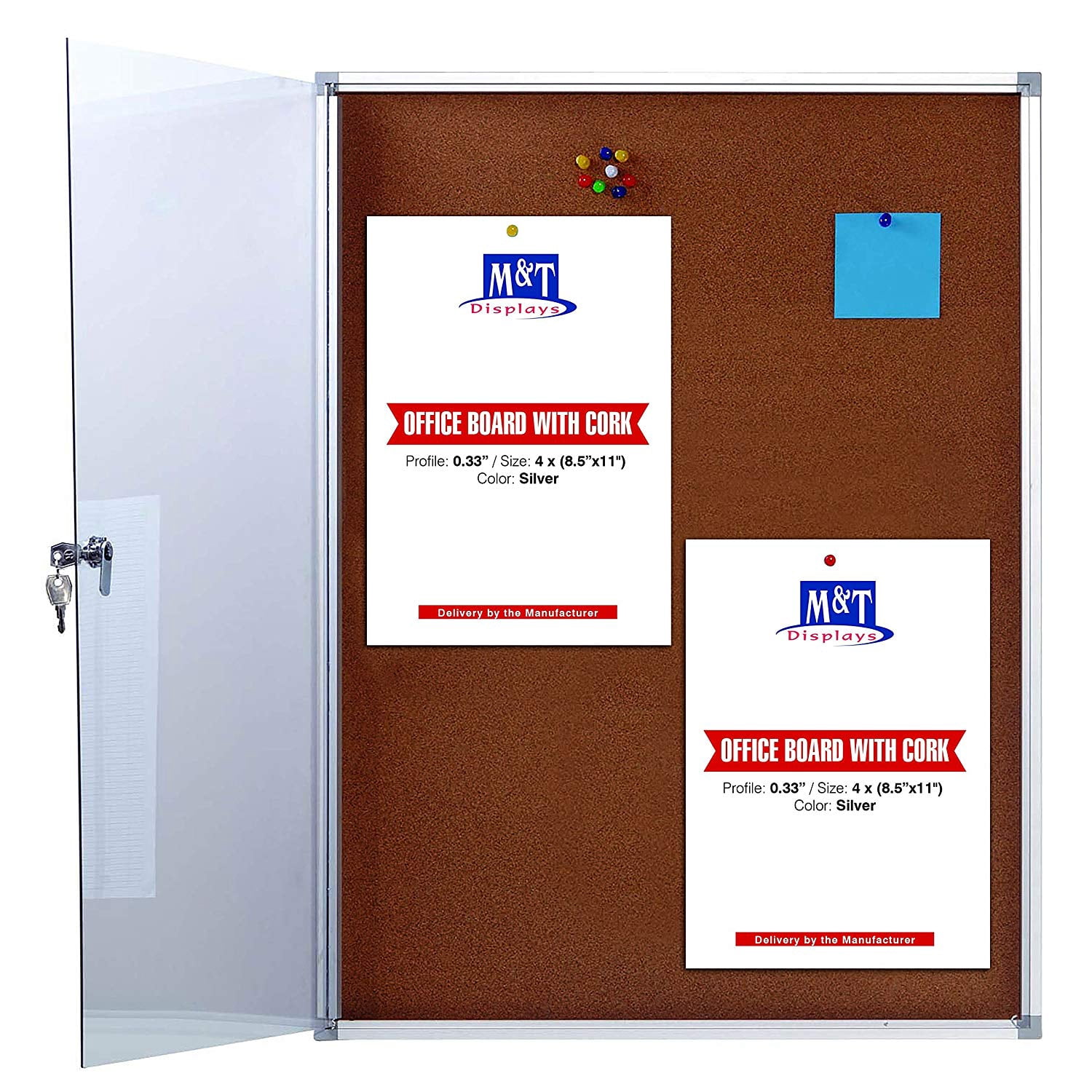 M&T Displays Enclosed Cork Bulletin Board 18.66x25.87 inches Silver Aluminum 4x(8.5x11)" Outdoor Noticeboard