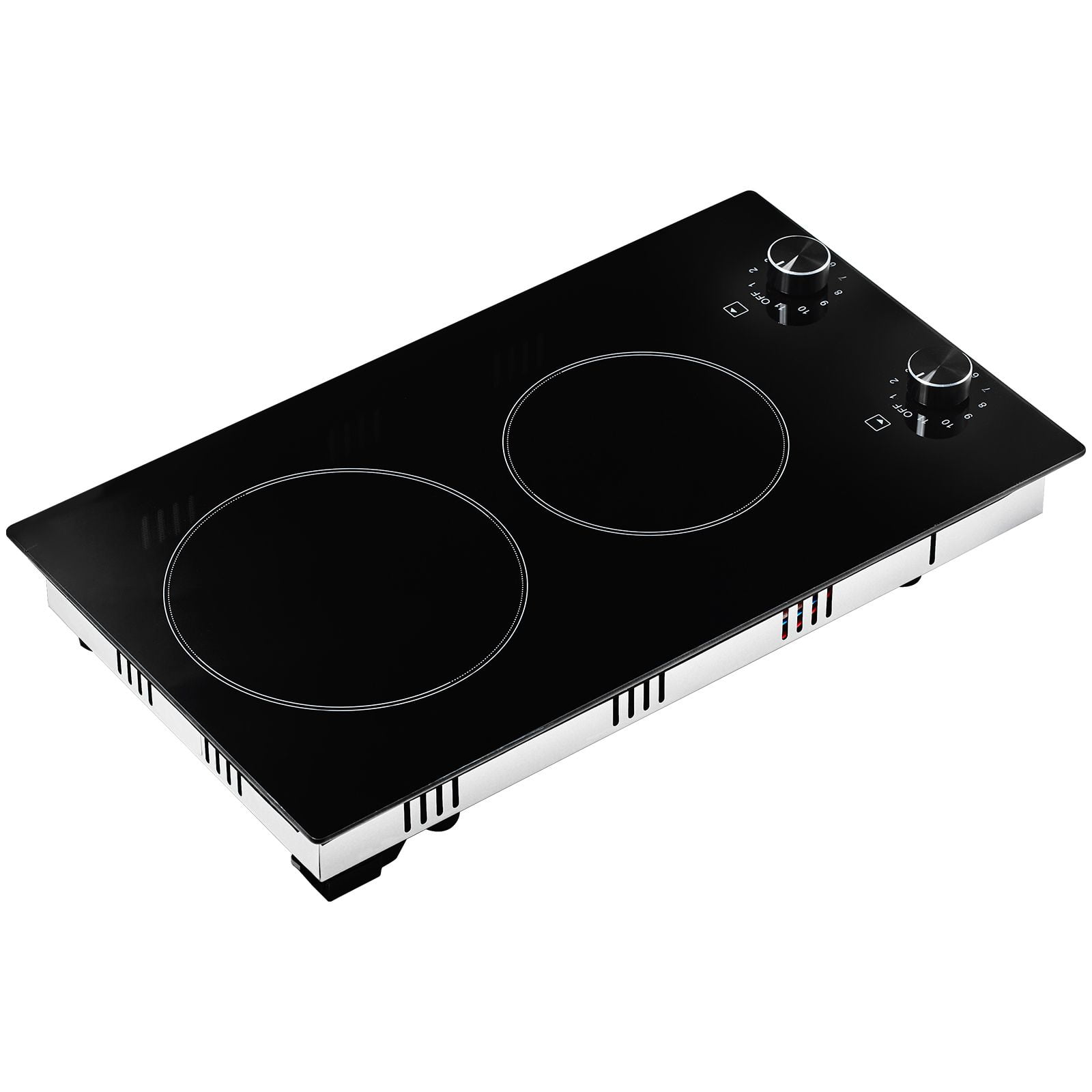 12 Inch Electric Cooktop 2 Burner Built-in Radiant Stove Top with Ceramic Glass Panel Knob Control 3000W 11 Heat Levels 240V Hardwired