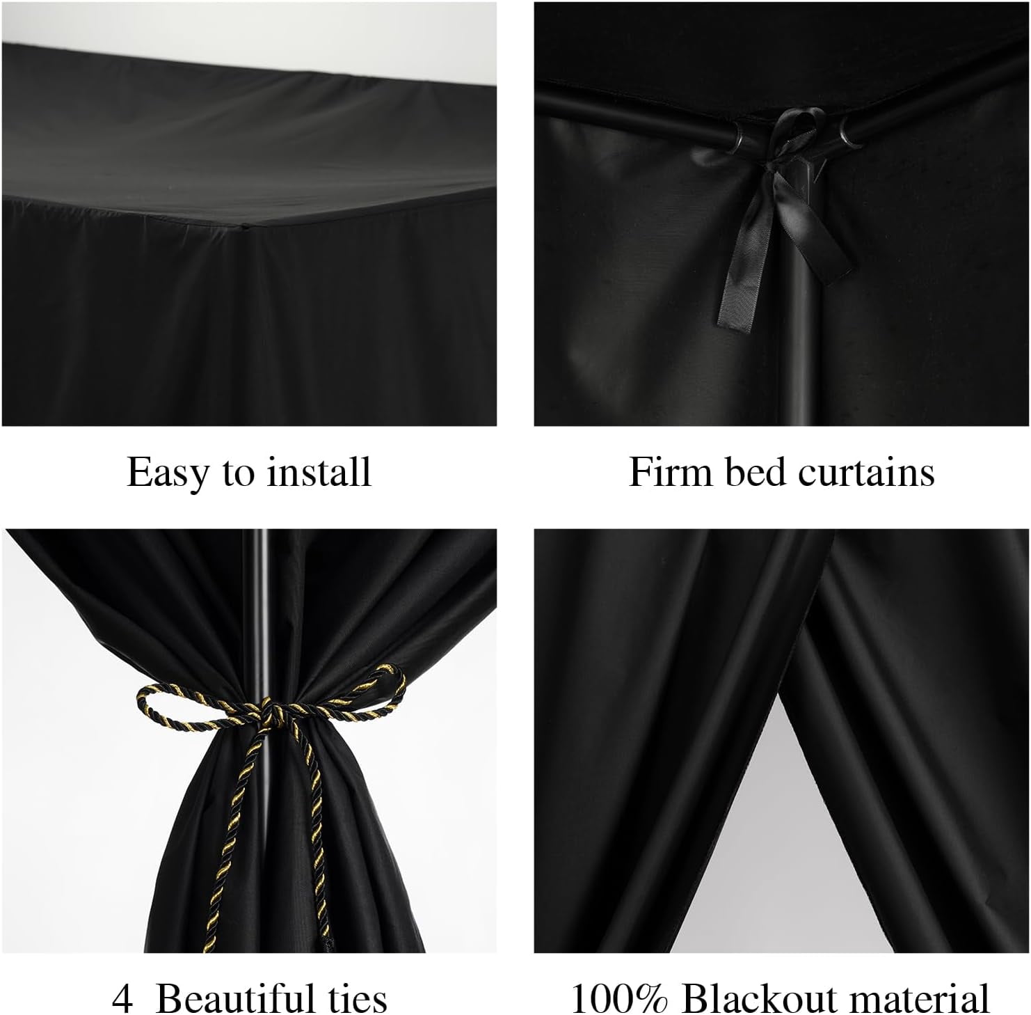 Black Canopy Bed Curtains - 4 Corner Post Bed Curtains King Lightproof Siamesed Drapes Bed Canopy for Adults & Girls Bedroom Decoration(Black,King)