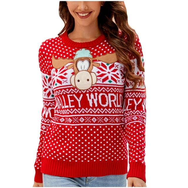Suéter de cuello redondo de moda para mujer, suéter de punto con estampado navideño, blusa superior, suéter para mujer
