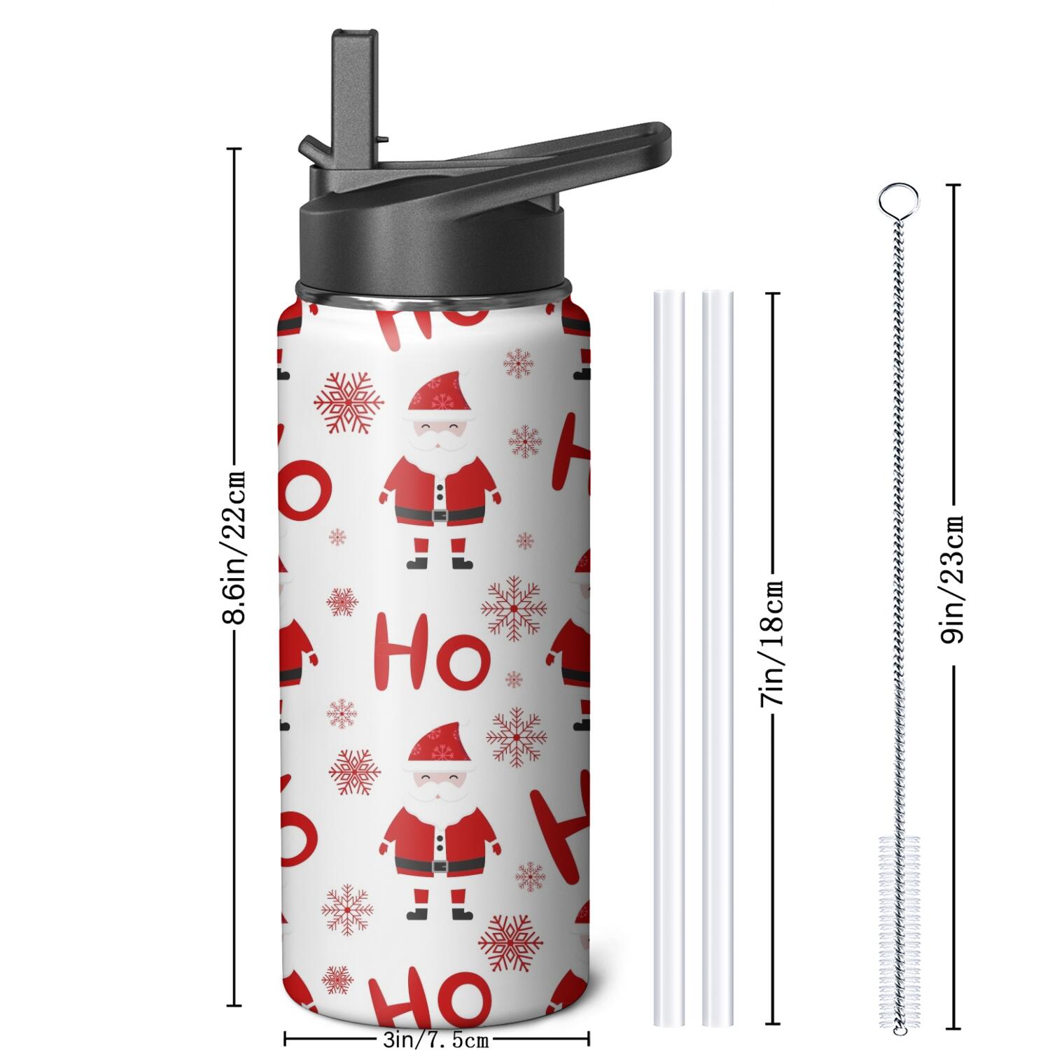 Christmas 18 oz Insulated Stainless Steel Water Bottle with Straw & Cleaning Brush , Leakproof, BPA-Free, 304 Stainless Steel, Wide Mouth, Travel Mug for Car, Gym, Office