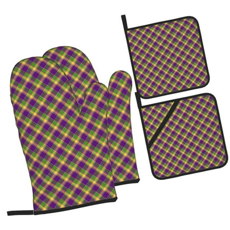 

Fotbe Mardi Gras Plaid for 4Pcs Oven Mitts and Pot Holders 500℉ Heat Resistant Oven Mitts Non-Slip Silicone Surface Safe for Baking Cooking BBQ