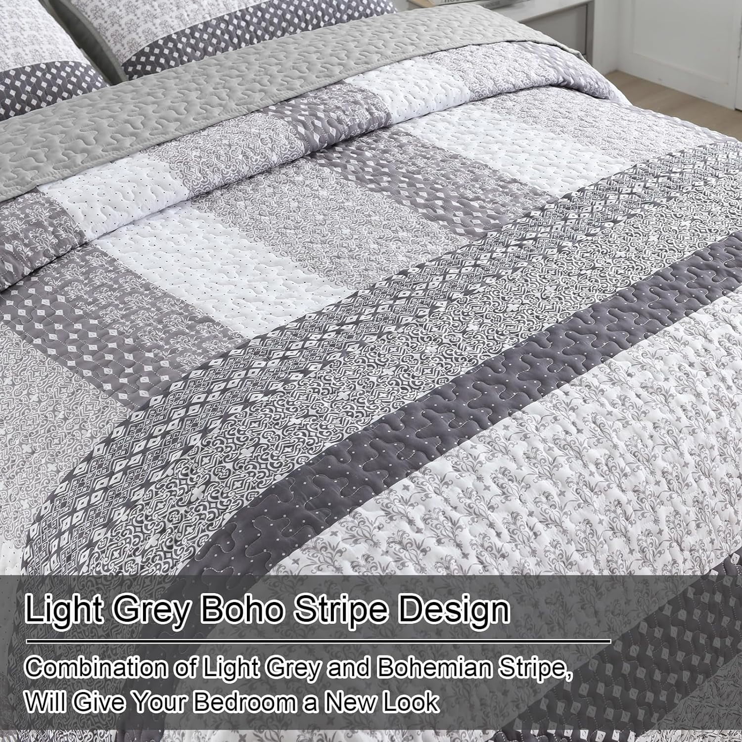 Grey Bohemian Stripe Quilt Set King Size 3 Pieces Bedspread Set Coverlet Bedding (104"x90")