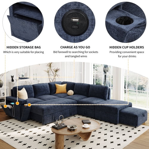 U_STYLE L-Shaped Pull-Out Sofa Bed with Storage, USB Ports & Cup Holders, Modular Convertible Sleeper for Living Rooms, Offices & Apartments, Blue