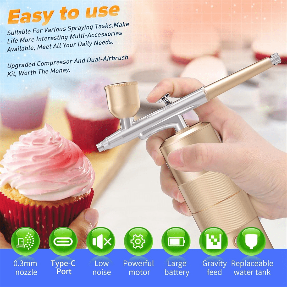 Airbrush Kit with Compressor High Pressure AirBrush Set with 0.3mm Nozzle Airbrush for Nails, Makeup,Gold