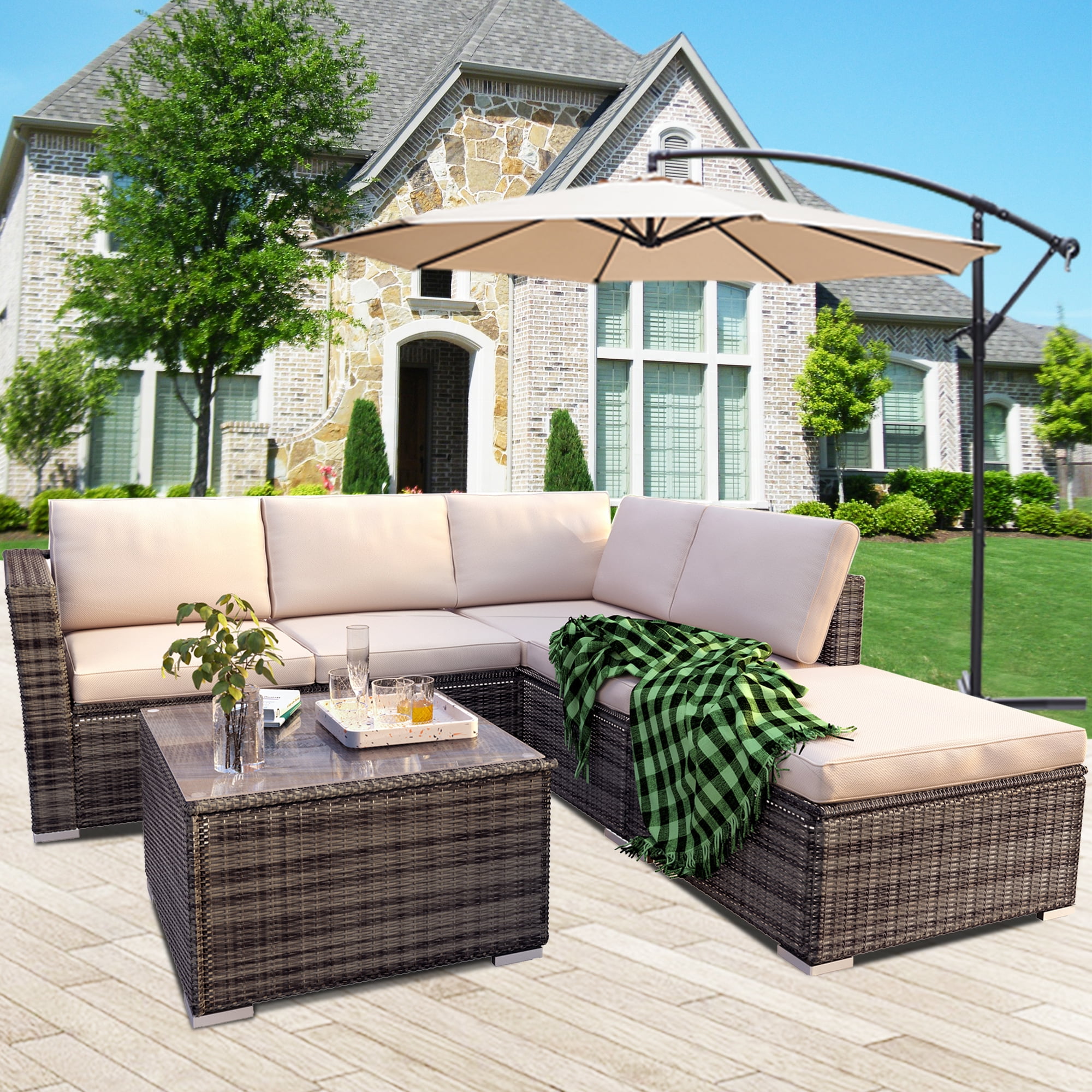 4 Pcs Patio Couch Sets, Brown Rattan Outdoor Sectional Furniture with