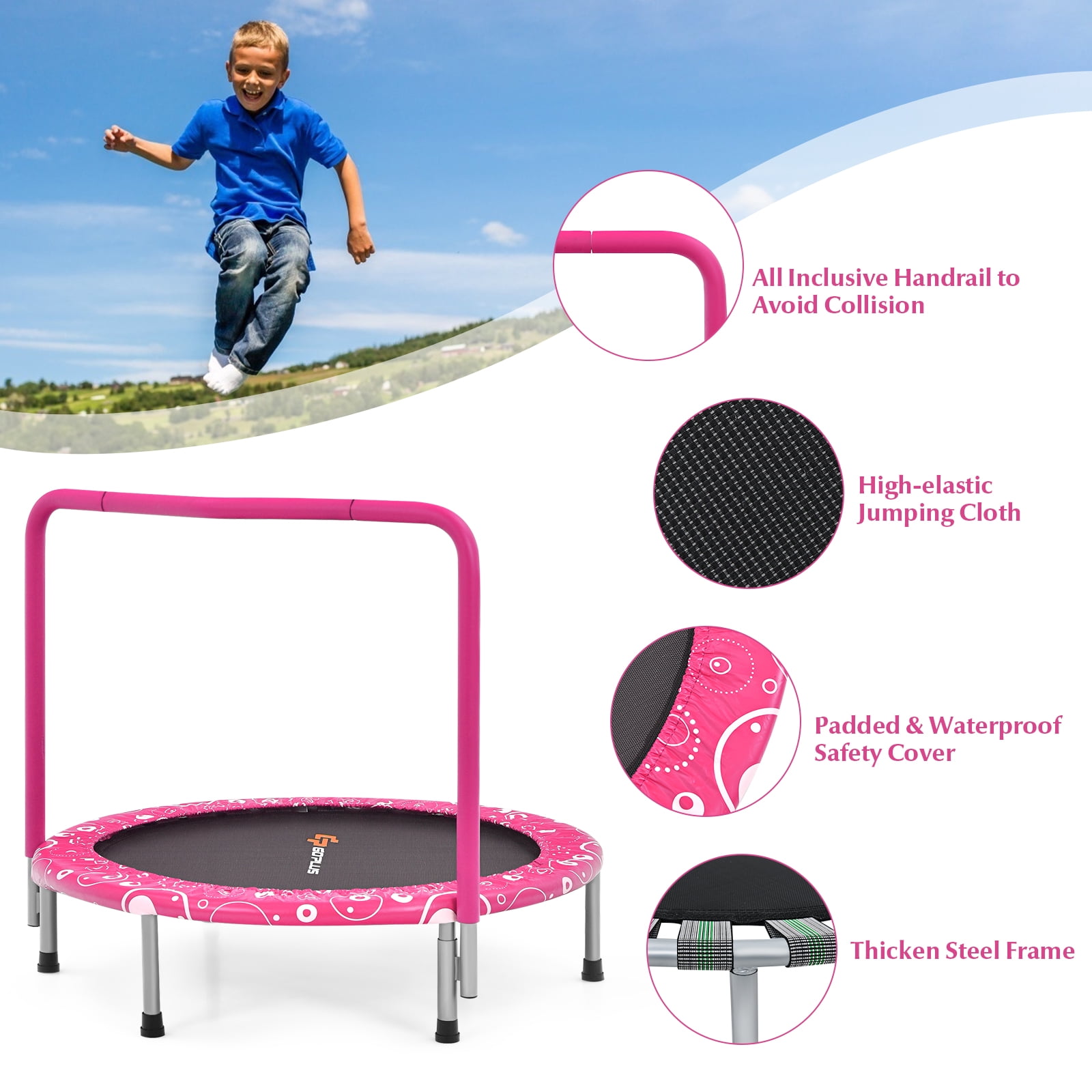 Infans 36" Kids Trampoline Rebounder W/Full Covered Handrail & Pad Indoor Outdoor Pink