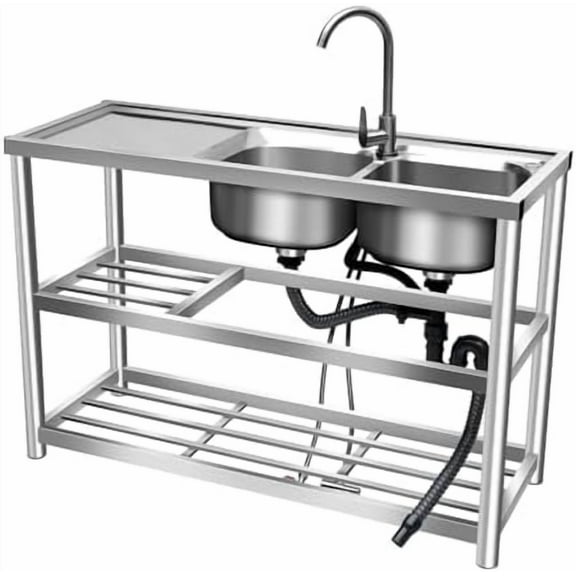 Double Bowl Sink Stainless-Steel Freestanding Commercial Restaurant Kitchen Sink Set w/Faucet & Drainboard 2 Compartment Utility Washing Hand Basin w/Workbench & Storage Shelves