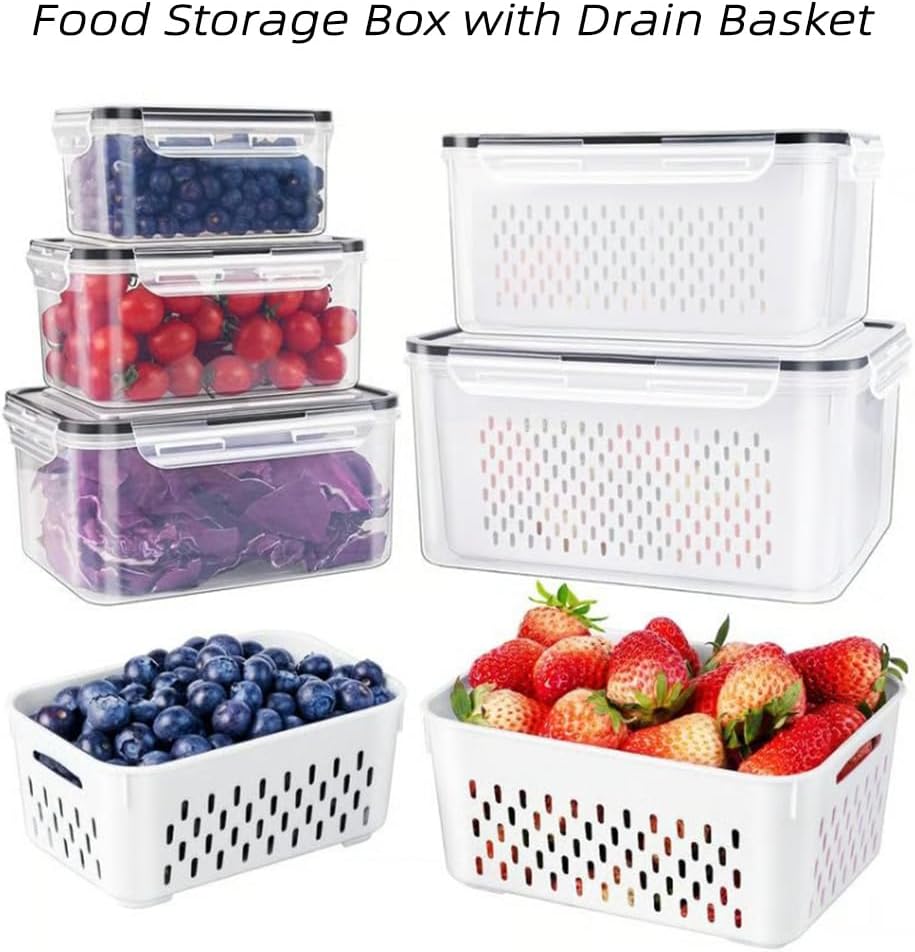 4-in-1 Fruit Storage Containers for Fridge – Food Storage Container Set with Lid, Strainer and Drain Basket, Multipurpose Produce Keeper