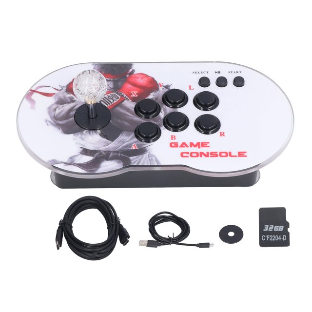 consola de juegos joystick, varios juegos retro, controlador de un solo jugador para tv, proyector, monitor, ordenador, 32g, 10000 juegos Vista frontal de consola retro tipo arcade con carcasa blanca ovalada y arte impreso; joystick transparente a la izquierda, ocho botones mecánicos negros a la derecha y botones Select/Start y L/R en fila superior; texto rojo "GAME CONSOLE" sobre base negra. Se muestra junto a cable HDMI, cable de alimentación USB, tarjeta microSD 32G y disco de montaje; adecuada para conectar a TV, proyector o monitor y ejecutar juegos CPS, GB, GBC, MD y PS1.