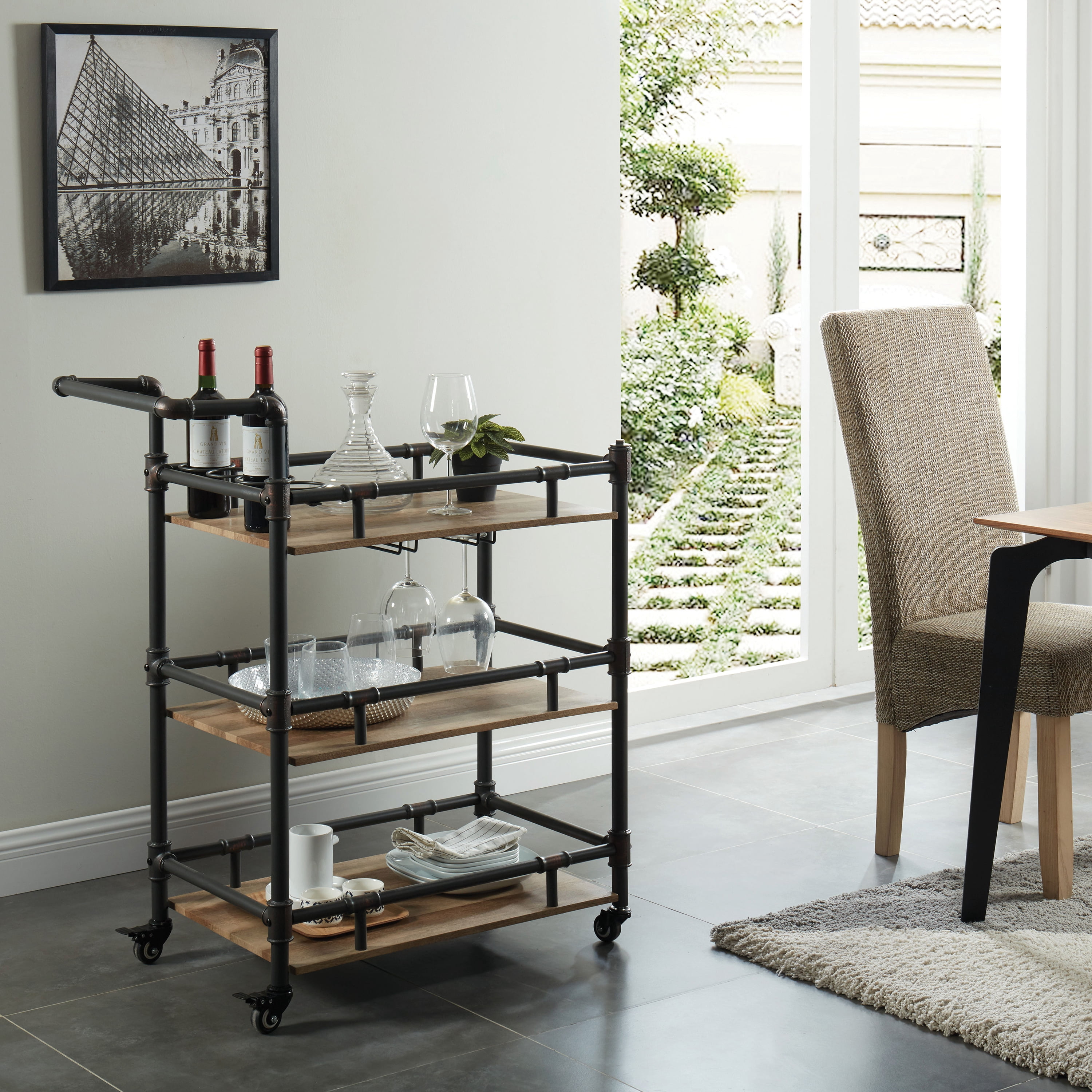 Furniture of America Byson Modern 3-Shelf Serving Cart, Sand Black