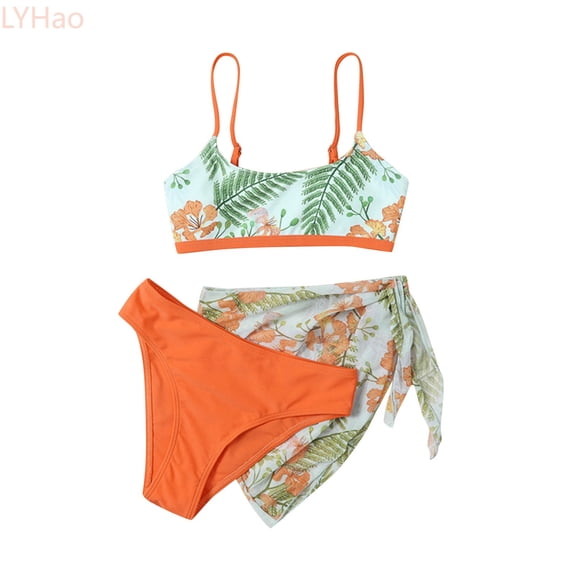 LYHao Toddler Baby Girl's 3 Piece Swimsuits Prints Bikini Bathing Suit Briefs Girls Bikini Beach Swimwear Set,3 Piece Bikini Bathing Suit 5-6 Years Orange