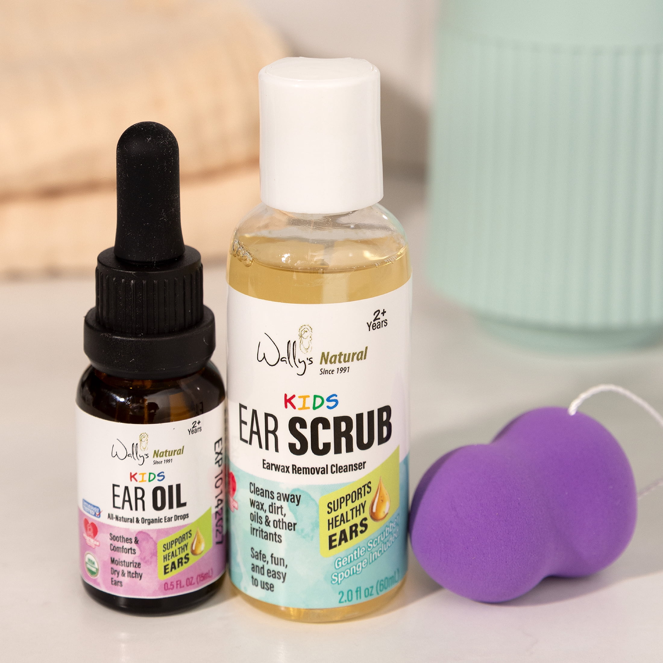 Wally's Natural Family Ear Care Essentials Bundle with Adult & Kids Ear Oil 0.5 fl oz and Scrub 2 fl oz, 4 Pack