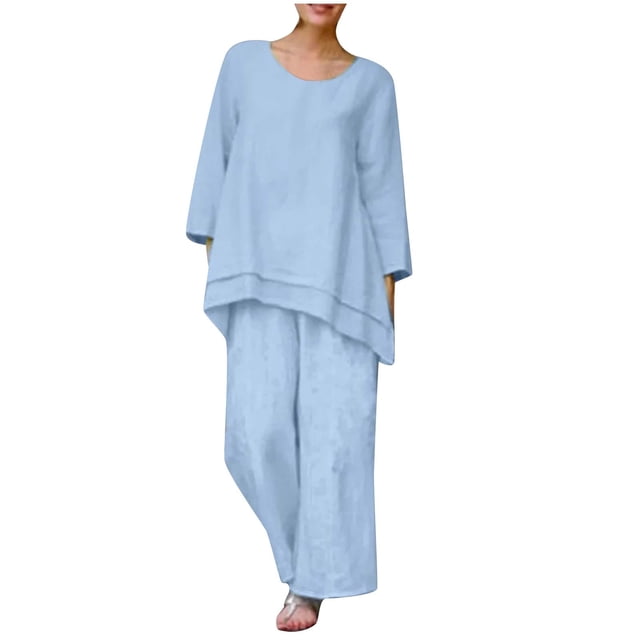 Bowake Ensemble Décontracté 2 Pcs en Coton et Lin pour Femmes Grande Taille Col Rond Manches Longues et Pantalons Larges