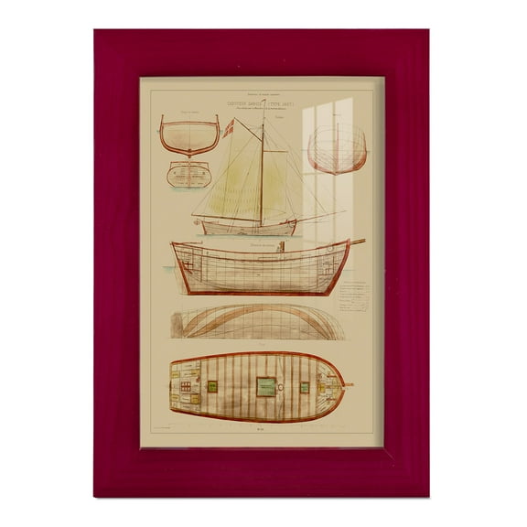 Antique Ship Plan III -Framed Print w/glass-Cherry Red