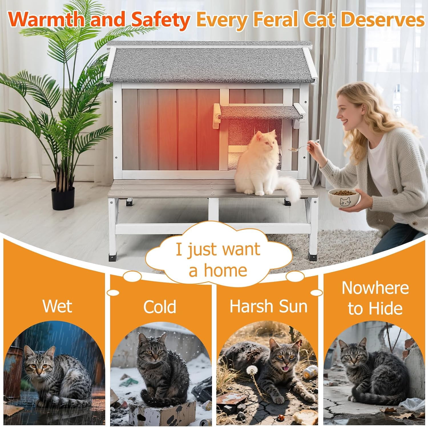 PETSCOSSET Cat House for Outdoor, Insulated Wooden Pet House with Raised Base & Openable Roof, Gray