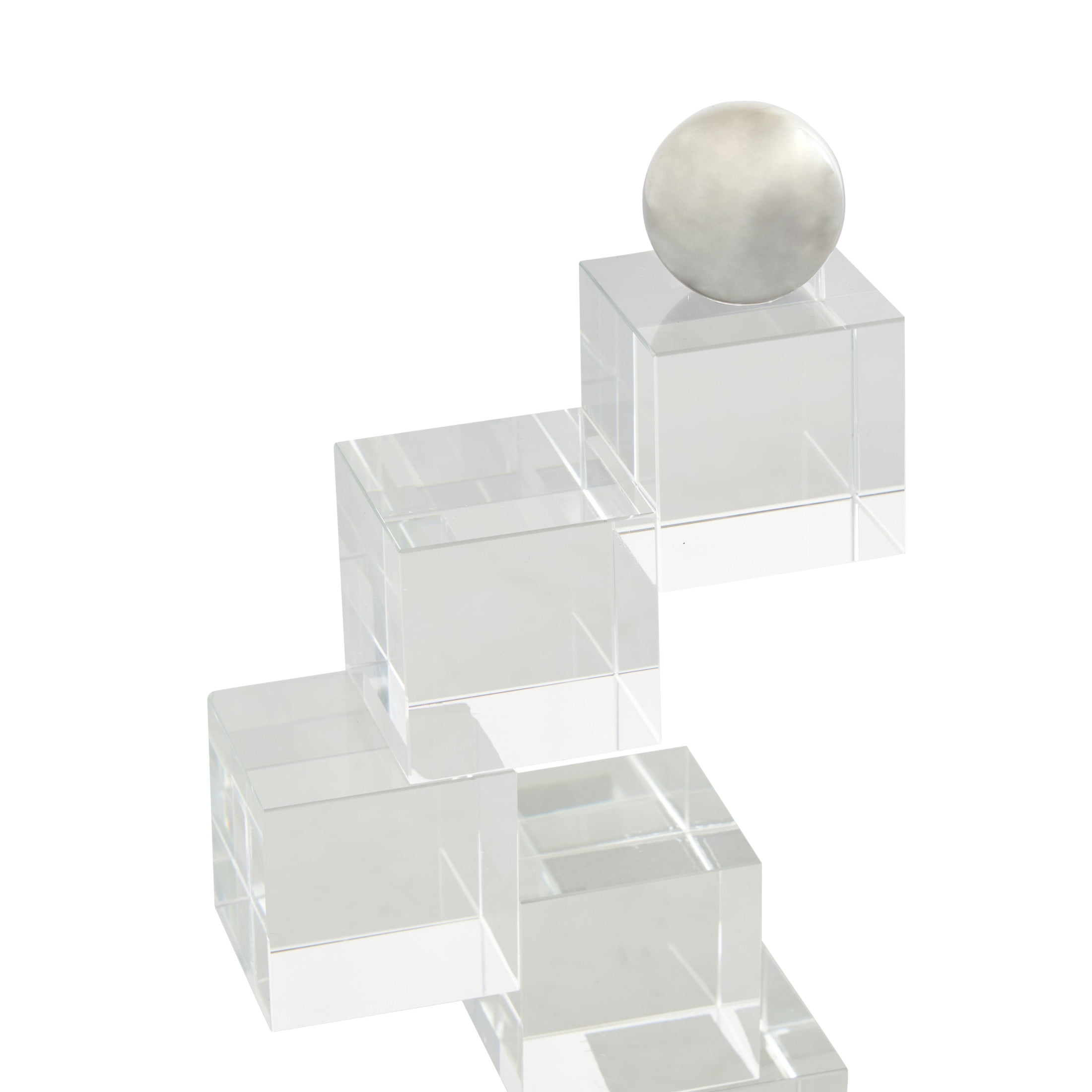 DecMode 5" Stacked Squares Geometric Clear Glass Bookends with Silver Orbs (Set of 2)