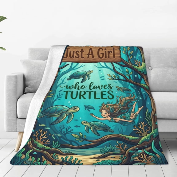 Sea Turtle Blanket, Soft Flannel Blanket with Cute Blue Design, Cozy All Season Couch Sofa Throw 50x40