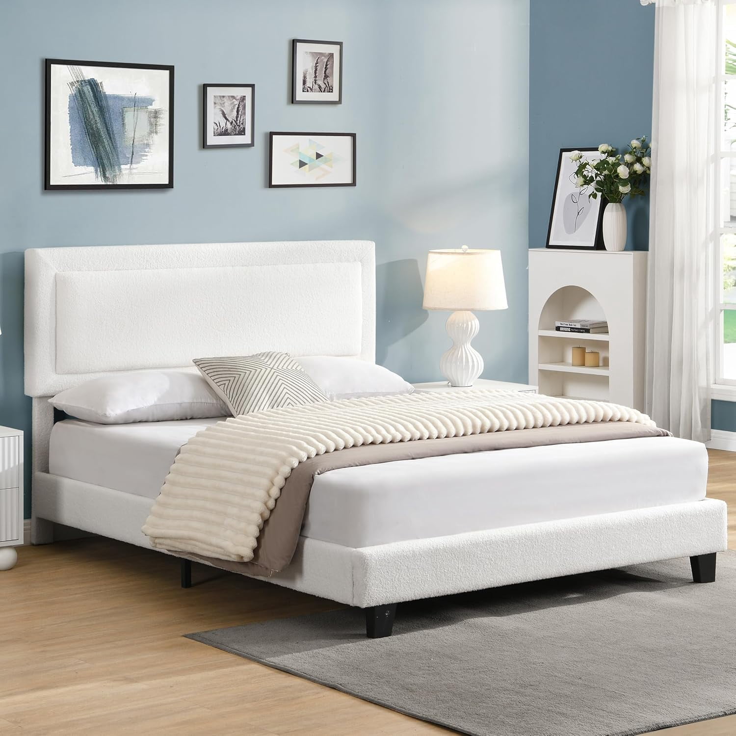Queen Size Cloud Bed Frame with Adjustable Upholstered Headboard, Modern Marshmallow Low Profile Platform Bed with Soft Boucle Fabric, No Box Spring Needed
