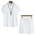 thumbnail image 2 of YLSDY Men's 2 Pieces Set Stand Collar Button Down Shirt and Drawstring Shorts Summer Beach Yoga Matching Outfits White 8, 2 of 3
