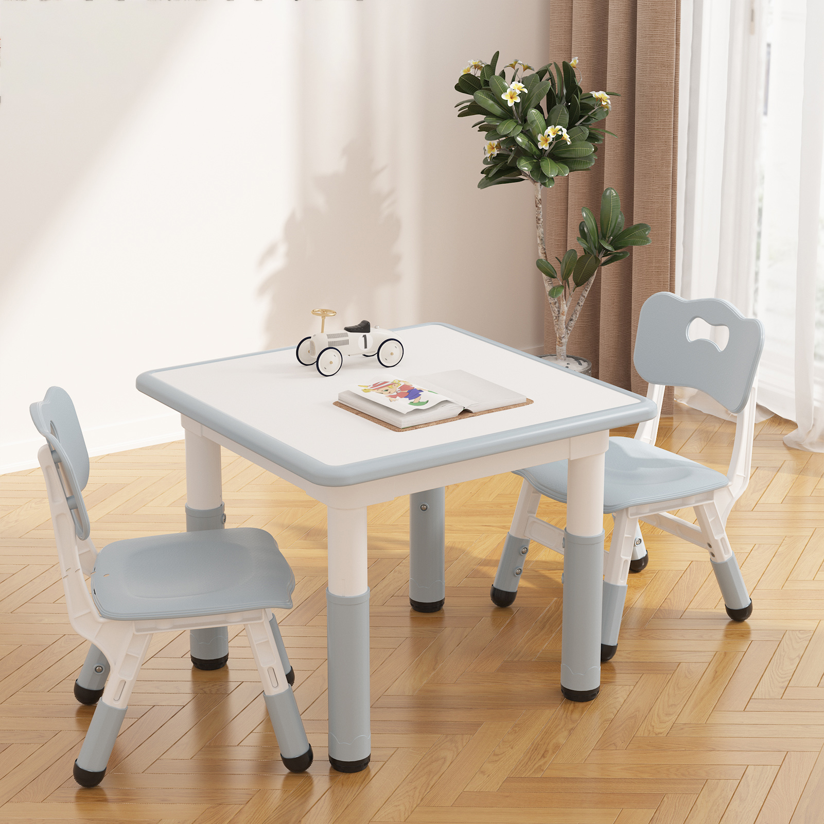 Set of 3 Kids Table and Chairs Set with 12pcs Watercolor Pens for Toddlers, Height Adjustable, for Home/Classroom, Boys Girls Multi-Activity Table for Ages 2-8