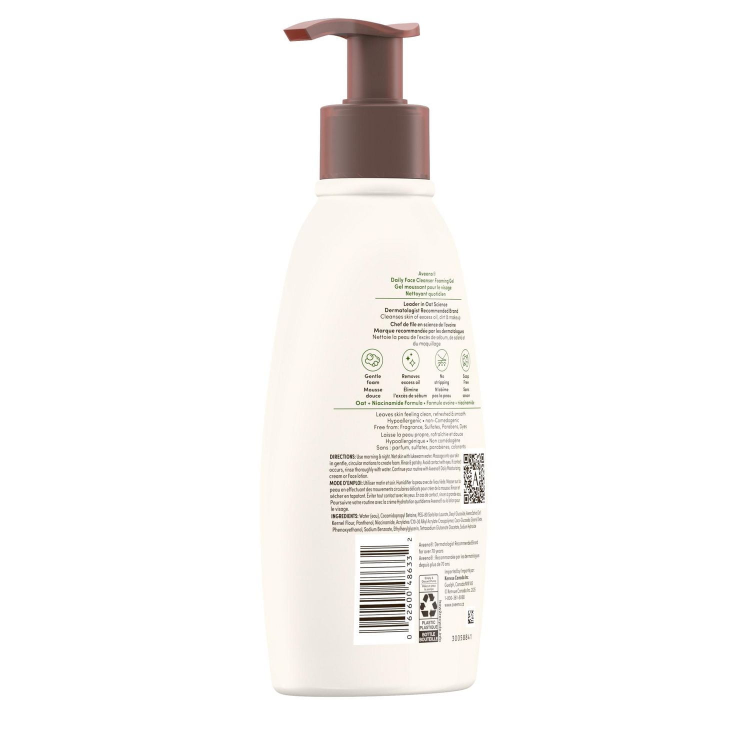 Nettoyant quotidien pour le visage Aveeno, Gel nettoyant moussant doux pour le visage pour les peaux normales à grasses, Élimine le sébum sans perturber la barrière d'hydratation de la peau, Avoine et 354 mL
