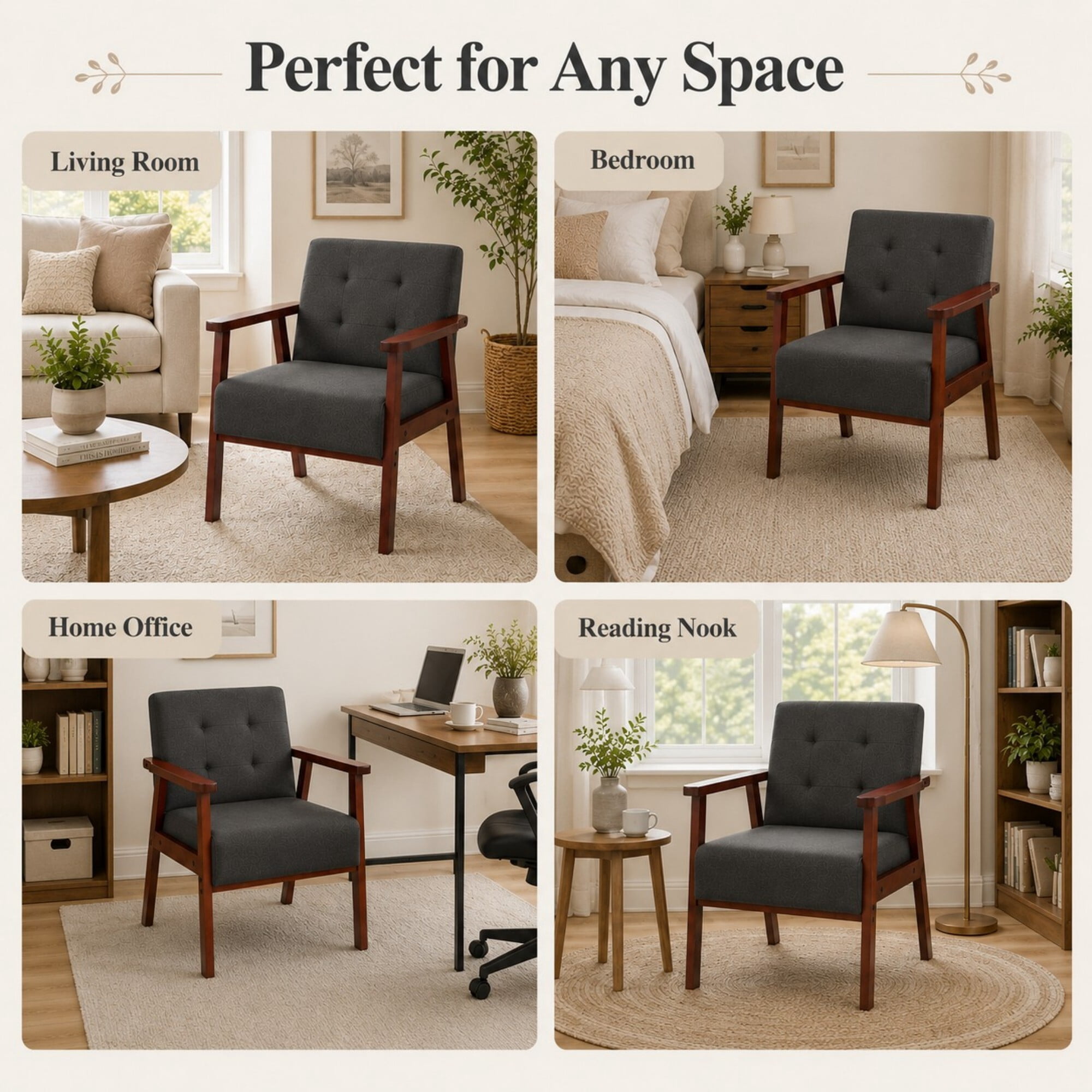 DEALTOPS Set of 2 Linen Accent Chairs, Wood Frame Tufted Armchairs with Square Arms, Charcoal Gray