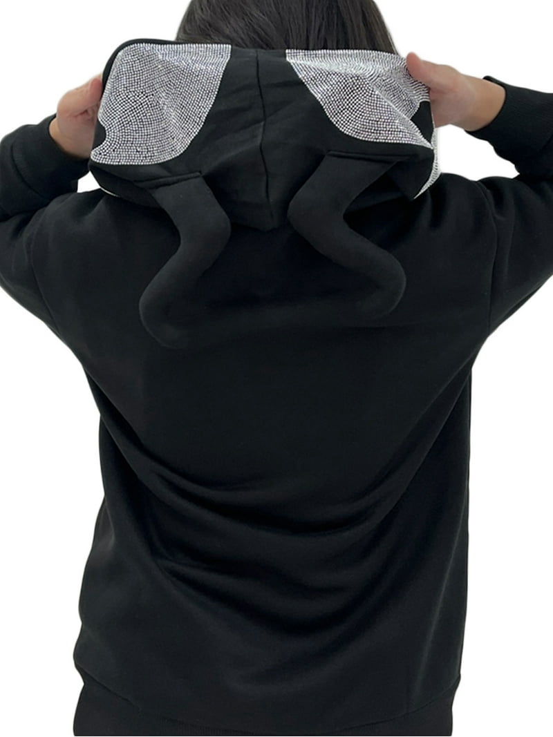 hirigin Full Zip Up Devil Horns Hoodie over Face Rhinestone