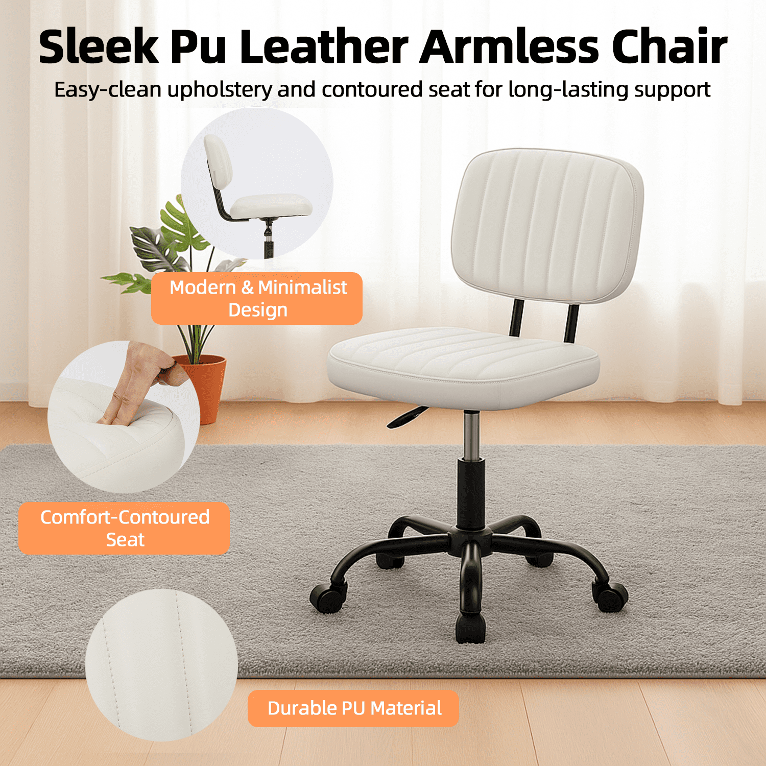 LIFERECORD PU Leather Armless Home Office Desk Chair, Small Ergonomic Task Chair for Adults and Students, Low Back Seating with Swivel, Adjustable Height, Rolling Wheels, White