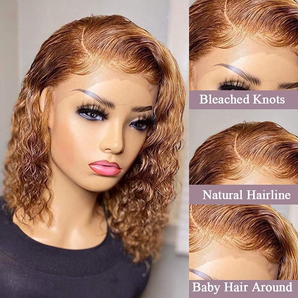 SUCS Short Curly Honey Blonde Bob Wig Lace Front Human Hair Wigs For Women Light Brown