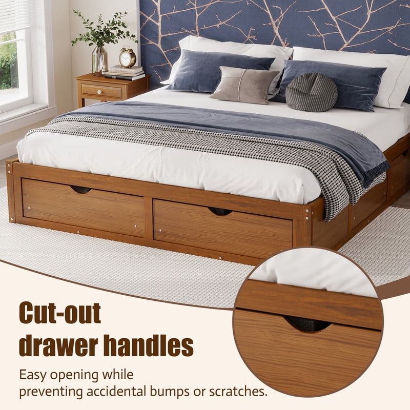 Queen/King Size No Box Spring Required Platform Bed with No Headboard, Wooden Storage Bed Frame with 6 Drawers