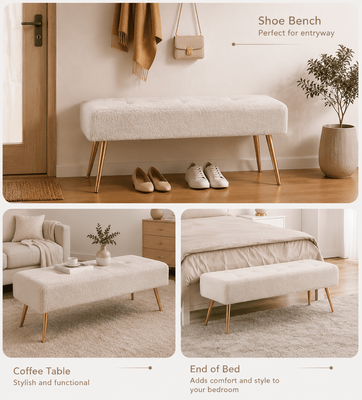 Modern Upholstered Bedroom Bench, 44.75" Tufted Ottoman Bench with Gold Metal Legs, End of Bed Bench, Entryway Shoe Bench, Narrow Space Accent Seating, 285 lbs Capacity, Sherpa,White